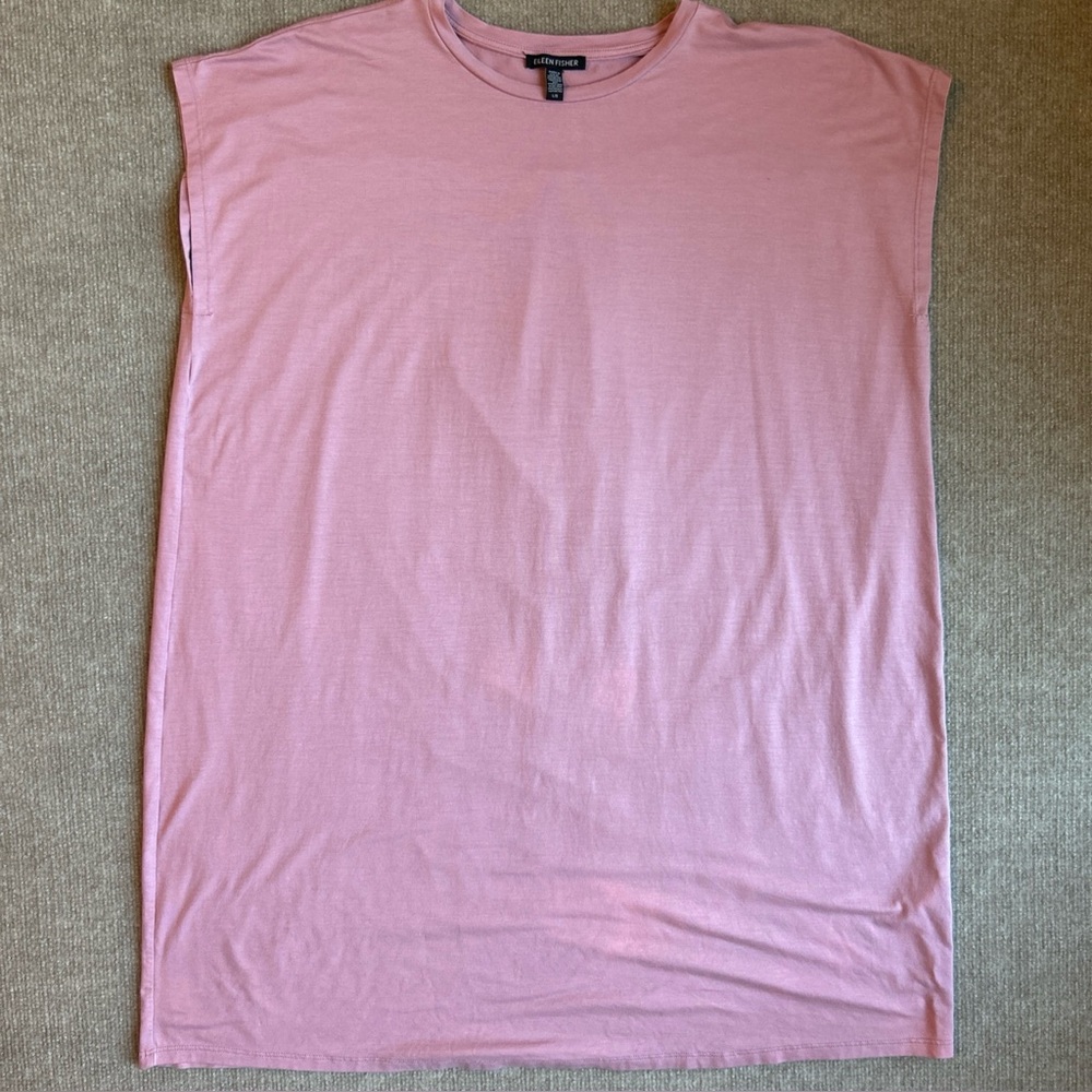 EILEEN FISHER Dress L Tencel Stretch Jersey Tunic Crewneck Cap Sleeve Pink USA
